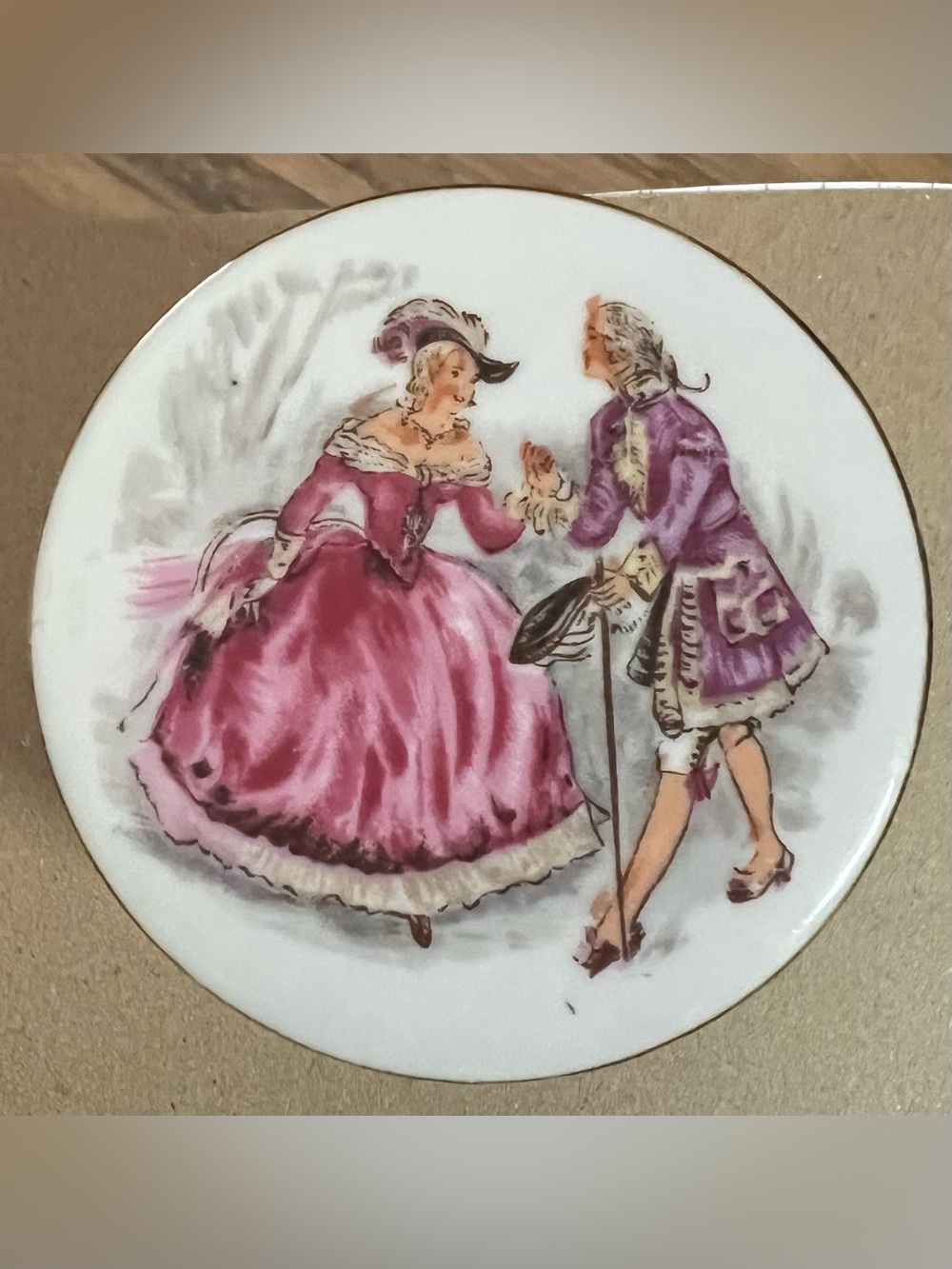 VTG Limoges Pink and Purple Porcelain Trinket Box with Romantic Couple